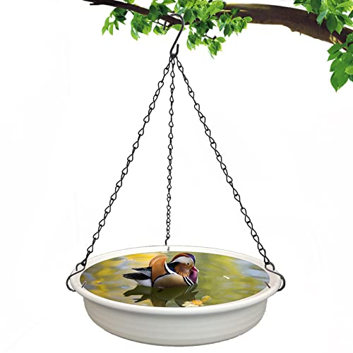 NEECONG Hanging Bird Bath for Outdside, 12 inch Diameter Bird Bath Tray,Made of PP Material with 15.7 inch Rust-Proof Black Chain for Garden Yard Decoration(White)