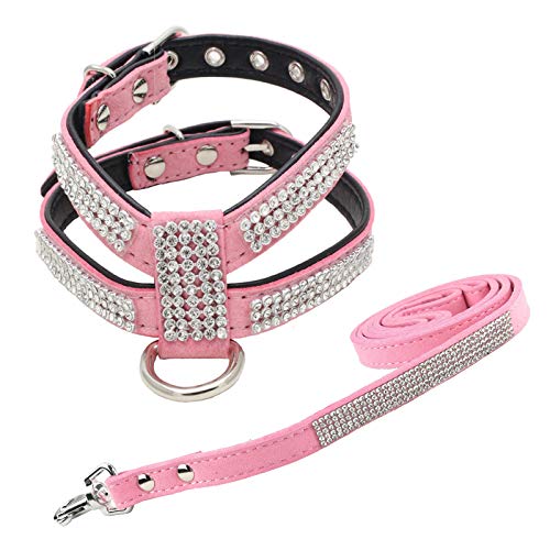 Newtensina Fashion Puppy Harness with Diamantes and Lead Cute Girl Bling Dog Harness with Bling Leash for Small Dogs - Pink - S