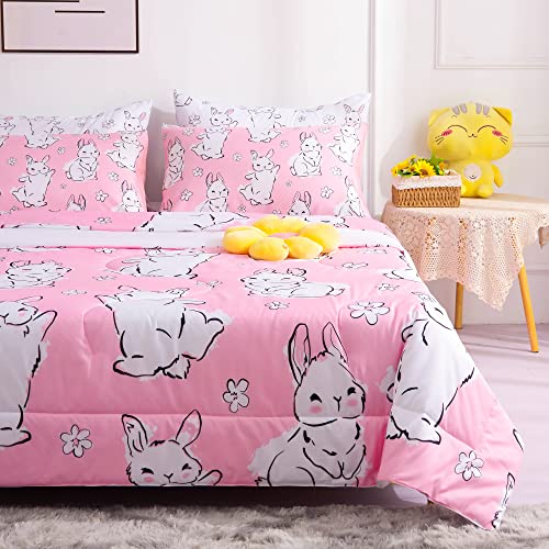 NiuOne 7 Piece Bunny Comforter Set Queen Size Cute Rabbit Bed in a Bag for Girls Kids,Cartoon Flower Pink Bunny Comforter with Sheet Soft Microfiber Bedding Set,Queen