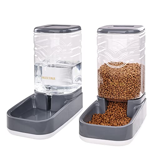 NKECOBJI Automatic Pets Feeder and Water Dispenser Set,Gravity Food Feeder and Waterer Set with Pet Food Bowl,Easily Clean Self Feeding for Small Large Pets Dogs Cats Large Capacity(3.8L)