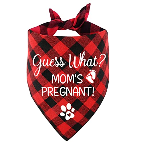 NTKIO Funny Red Plaid Cotton Pet Dog Pregnancy Announcement Bandana, Guess What My Mom is Pregnant, Gender Reveal Photo Prop Scarf for Pet Dog Master Lovers Owner Gift