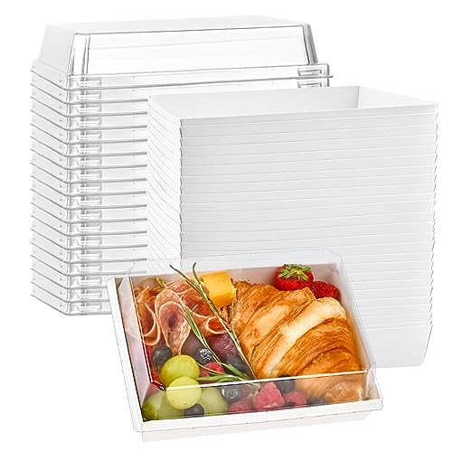 Ocmoiy Paper Charcuterie Boxes with Clear Lids 7x5 inches, 50 Pack White Disposable Take Out Food Containers Bakery Boxes with Windows for Cupcakes, Hot Cocoa Bombs, Salad, Pastries