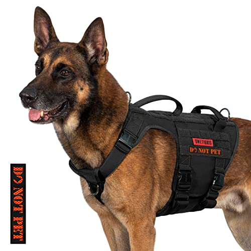 OneTigris Tactical Dog Harness for Large Dog Full Metal Buckled No Pull Dog Harness Vest with Hook & Loop Panels, Military Adjustable Easy to Put On Dog Vest Dog for Walking Hiking Training Black