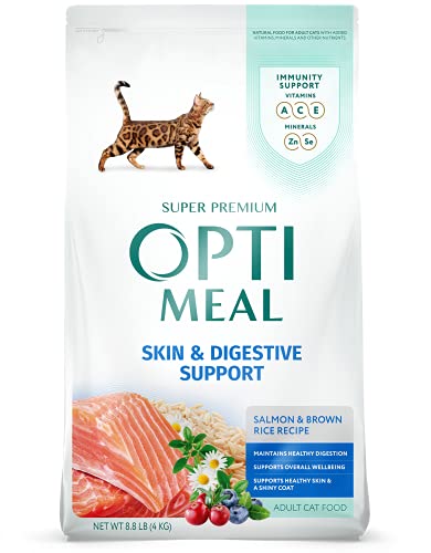 OPtimeal Skin & Sensitive Stomach Cat Food - Proudly Ukrainian - Healthy Cat Food Dry Recipe for Skin & Digestive Support, Tasty Dry Cat Food for Pets (8.8 lbs, Salmon & Brown Rice)