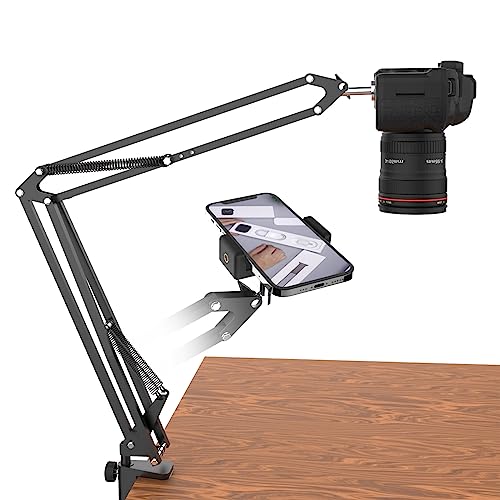 Overhead Tripod For DSLR Cameras, Heavy Duty Camera Desk Mount Stand with Flexible Articulating Boom Arm, Camera Holder Table Clamp for Canon Nikon Sony Fuji SLR Mirrorless Cam Video Photography