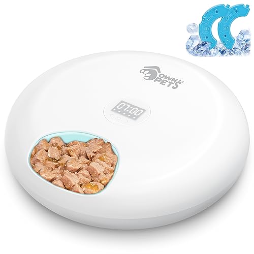 Ownpets 6 Meals Automatic Cat Feeder for Wet/Dry Food, with 2 Ice Packs, Programmable Timed Pet Feeder, Cordless Rechargeable Battery Auto Feeder for Cats/Small Dogs