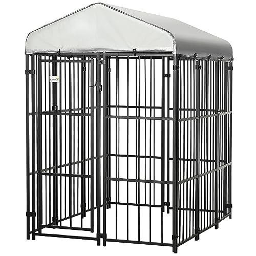 PawHut 6' x 4' Covered Dog Playpen, Locking Exercise Kennel with Heavy-Duty Metal Frame, Fence Pen, Single Door for Small Medium Sized Dogs, Black