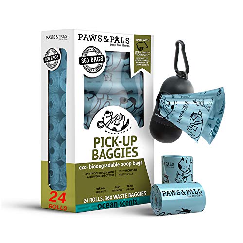 Paws & Pals Dog Poop Bag - Eco-Friendly, Large & Leak-Proof w/Dispenser Holder & Leash Clip - Best for Walking Dogs Pet Waste - 360 Pack, 24 Roll Refills x 15 Bags - Heavy Duty, Scented, Blue