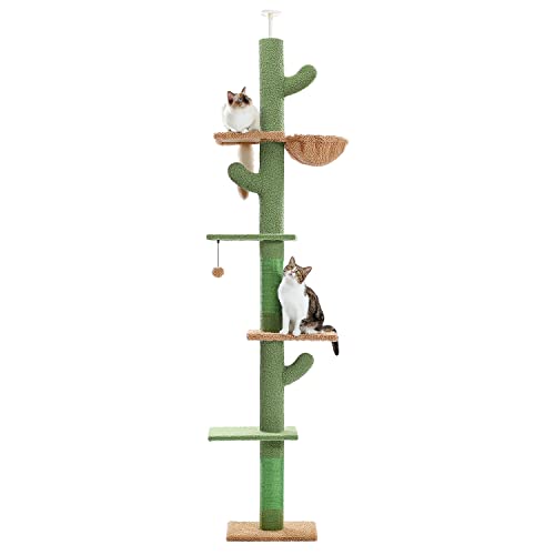 PAWZ Road Cactus Cat Tree, Floor to Ceiling Cat Tower with Adjustable Height(95-108 Inches), 5 Tiers Tall Cat Climbing Tree with Cozy Hammock, Thick Platforms and Dangling Balls for Indoor Cats