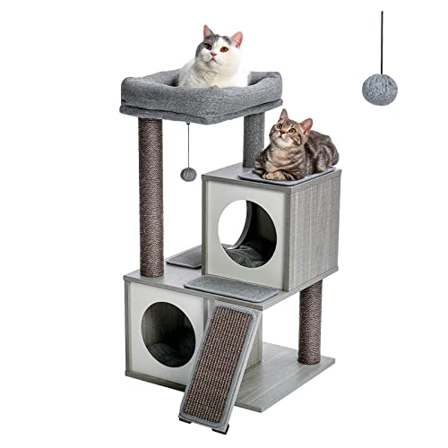 PAWZ Road Cat Tree 35 Inches Wooden Cat Tower with Double Condos, Spacious Perch, Fully Wrapped Scratching Sisal Posts and Replaceable Dangling Balls-Gray