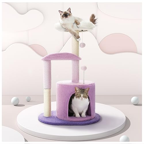 PAWZ Road Cat Tree,32 Inches Purple Flower Cat Tower with Sisal Covered Scratching Post, Cozy Condo, Plush Perches and Fluffy Balls for Indoor Cats