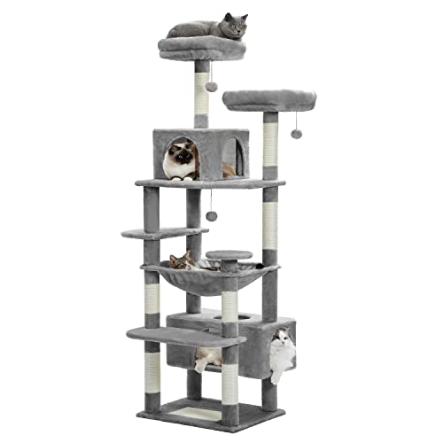 PAWZ Road Large Cat Tree, 72 Inches Cat Tower for Large Cats, Cat Condo with Sisal-Covered Scratching Posts and Pads, 2 Padded Perch, Dual Condo and Basket for Indoor Cats-Gray