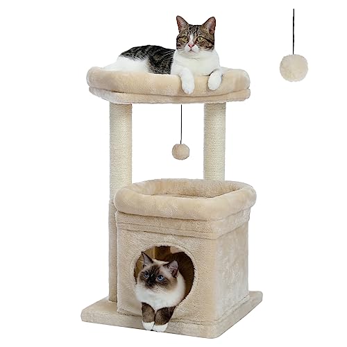 PEQULTI Cat Tree Tower for Indoor Cats with Private Cozy Condo, Natural Sisal Scratching Posts and Plush Pom-pom Small