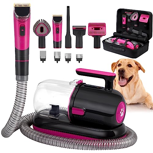 Pet Hair Remover Dog Grooming Kit, Pet Grooming Vacuum & Dog Clippers Nail Trimmer Grinder & Brush for Shedding, Low Noise Suction 99% Pet Hair with with 5 Pet Grooming Tools & Storage Bag (Pink)