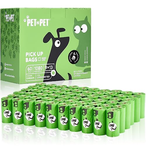 Pet N Pet 1080 Counts Green Dog Poop Bag Rolls, Dog Bags Doggie Poop Bags, 38% Plant Based & 62% PE Dog Waste Bags, Extra Thick Doggy Poop Bags, Pet Waste Bags Doggie Bags