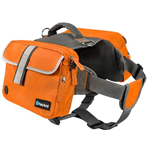 PetAmi Dog Backpack for Medium Large Dogs, Dog Saddle Bag for Dogs to Wear, Harness Saddlebag with Reflective Safety Side Pockets for Hiking, Camping, Vest Dog Pack for Travel (Orange, Large)