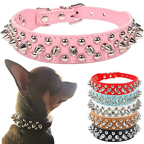 PETCARE Spiked Dog Collar Pink Soft Pu Leather Funny Mushrooms Rivet Spike Studded Puppy Collar Adjustable Outdoor Pet Dog Collar for Small Medium Large Dogs Cats Chihuahua Pug Pit Bull Dog Collars