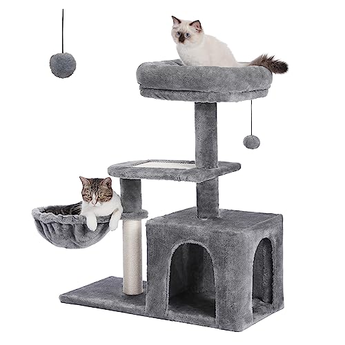 PETEPELA Cat Tree for Small Indoor Cats, Plush Cat Tower with Large Cat Condo, Deep Hammock and Sisal Cat Scratching Post for Kittens Grey
