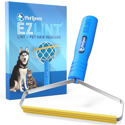 PetLovers EzLint Pet Hair Remover - Reusable Dog and Cat Fur Removal Tool, Portable Carpet Scraper & Rake for Couches, Furniture, Rugs, Mats, and Clothes Blue