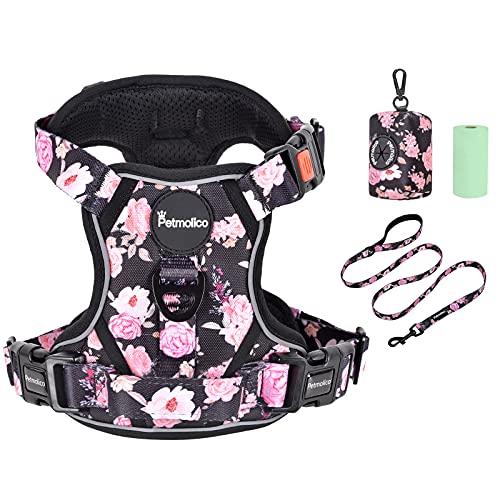 Petmolico No Pull Dog Harness Set, 2 Leash Attchment Easy Control Handle Reflective Vest Dog Harness Medium Breed, Medium Dogs Harness and Leash Set with Poop Bag Holder, Medium Pink Rose