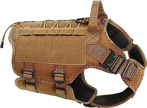 PETNANNY Tactical Dog Harness - 2 Metal Buckle, Service Dog Vest Harness for Large Medium Dogs No Pull Adjustable Military Dog Harnesses with Handle, Molle & Loop Panels for Hiking Training(Khaki, L)