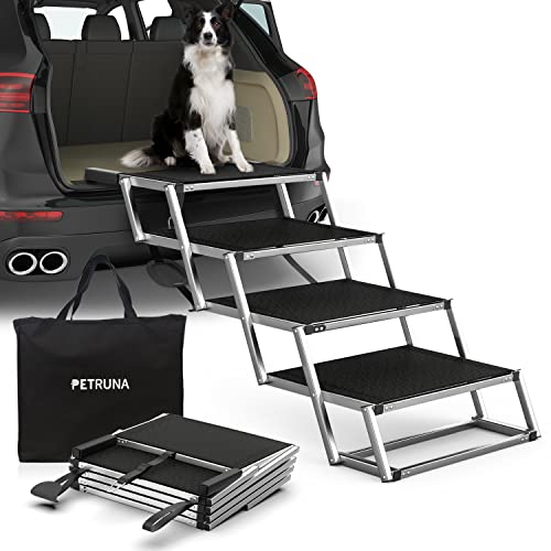 PetRuna Extra Wide Dog Car Ramp for Large Dogs, Portable Aluminum Foldable Pet Ramp with Non-Slip Surface, Lightweight Dog Stairs for Cars SUV, High Beds & Trucks, Supports up to 250 lbs, 4 Steps
