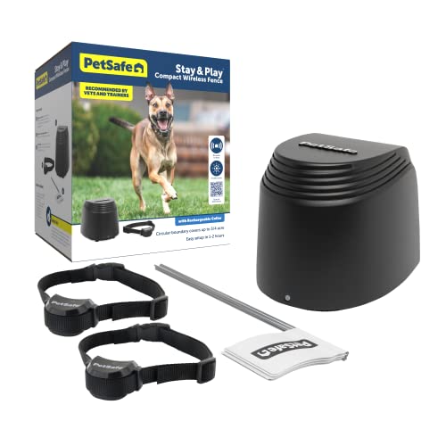 PetSafe Stay & Play Compact Wireless Pet Fence for 2 Dogs - Adjustable Circular Boundary up to 3/4 Acre, Includes 2 Waterproof Collars, No-Dig Portable Fencing from the Parent Company INVISIBLE FENCE