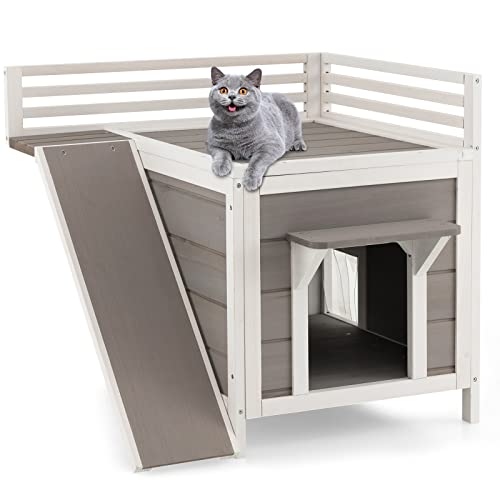 PETSITE Cat House W/Balcony, Climbing Ramp, Escape Doors, PVC Curtains, 2-Story Wooden Dog Room Shelter Cat Condo, All-Weather Puppy House, Indoor & Outdoor Kitten Shelter for Patio, Home, Garden