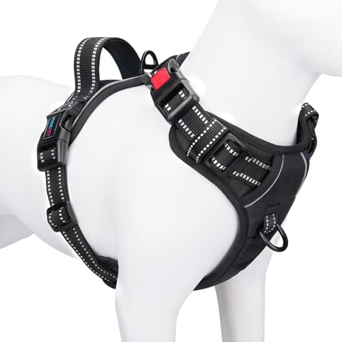 PHOEPET No Pull Dog Harness Medium Reflective Front Clip Vest with Handle,Adjustable 2 Metal Rings 3 Buckles,[Easy to Put on & Take Off](M, Black)