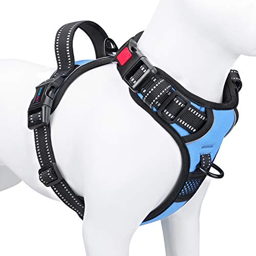 PHOEPET No Pull Dog Harness Reflective Adjustable Vest with a Training Handle, Name ID Pocket, 2 Metal Leash Hooks, 3 Snap Buckles [Easy to Put on & Take Off](M, Baby Blue)