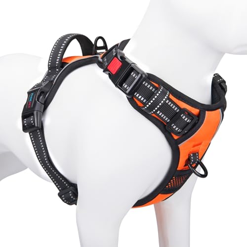 PHOEPET Reflective Dog Harness Large Breed Adjustable No Pull Vest with with Handle 2 Metal Rings 3 Buckles [Easy to Put on & Take Off](L, Orange)