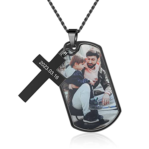 Picture Necklace Personalized Photo Pendant for Men Dad Fathers Day Custom Name Dog Tag Necklace for Men Boyfriend Memorial Necklace with Picture Hip Hop Jewelry (Cross and Dog Tag)