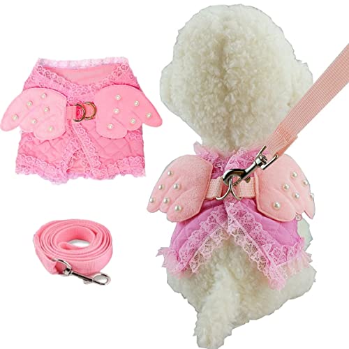 Pink Cute Adorable Pet Cat Dog Harness and Leash Set with Lace Artificial Pearl Angel Wing (Large)