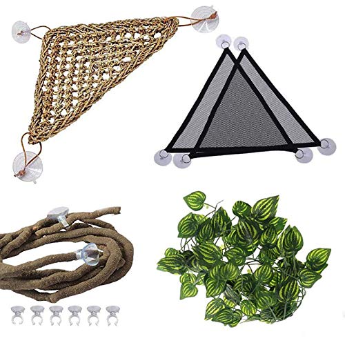 PINVNBY Hammock for Bearded Dragon,Reptile Habitat Lounger Lizard Natural Seagrass Fibers Hammock Jungle Bendable Vines Leaves Tank Decor for Chameleon Hermit Crabs Gecko Snakes(4Pcs)