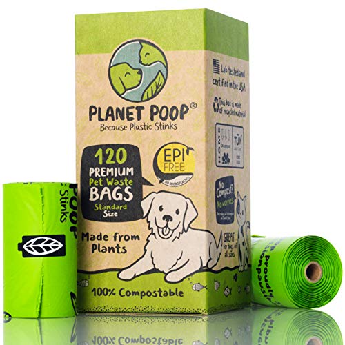 PLANET POOP Home Compostable Dog Poop Bags on Refill Rolls, 120 Un-Scented Pet Waste Bags, Thick Leakproof Plant-Based Doggy Bag, Cat & Dogs Supplies