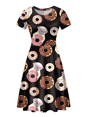POLERO Funny Donuts Pugs Dogs Print Women Fashion Confort Midi Dress Round Neck Short Sleeve Summer Dresses Animals Puppy Pets Eat Foods Size S