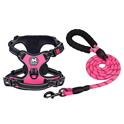 PoyPet Dog Harness and Leash Combo, Escape Proof No Pull Vest Harness, with 5 Feet Leash, Reflective Adjustable Soft Padded Pet Harness with Handle for Small to Large Dogs(Pink,M)