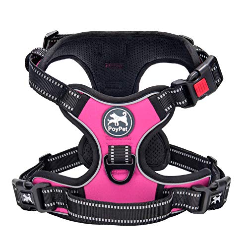 PoyPet No Pull Dog Harness, No Choke Front Clip Dog Reflective Harness, Adjustable Soft Padded Pet Vest with Easy Control Handle for Small to Large Dogs(Pink,L)