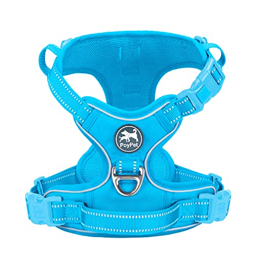 PoyPet No Pull Dog Harness, No Choke Reflective Dog Vest, Adjustable Pet Harnesses with Easy Control Padded Handle for Small Medium Large Dogs(Blue,M)