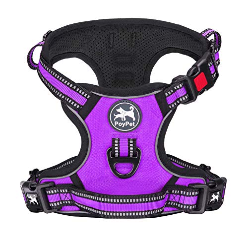 PoyPet No Pull Dog Harness, [Release on Neck] Reflective Adjustable No Choke Pet Vest with Front & Back 2 Leash Attachments, Soft Control Training Handle for Small Medium Large Dogs(Purple,S)