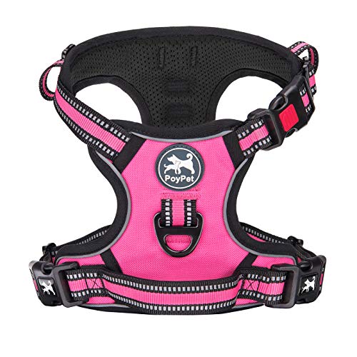 PoyPet No Pull Dog Harness, [Release on Neck] Reflective Adjustable No Choke Pet Vest with Front & Back 2 Leash Attachments, Soft Control Training Handle for Small Medium Large Dogs(Pink,L)