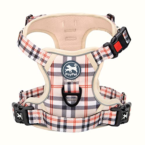 PoyPet Plaid Dog Harness, No Pull Front Clip Pet Vest Harness, Soft Padded Reflective Adjustable Walking Harness with Handle for Large Medium Small Dogs(Checkered Beige,M)