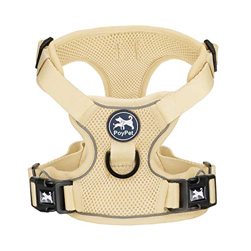 PoyPet Reflective Soft Breathable Mesh Dog Harness Choke-Free Double Padded Vest with Adjustable Neck and Chest(Khaki,L)