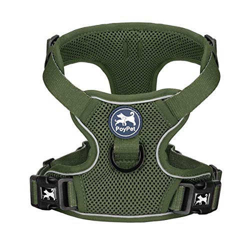 PoyPet Reflective Soft Breathable Mesh Dog Harness Choke-Free Double Padded Vest with Adjustable Neck and Chest(Military Green,L)