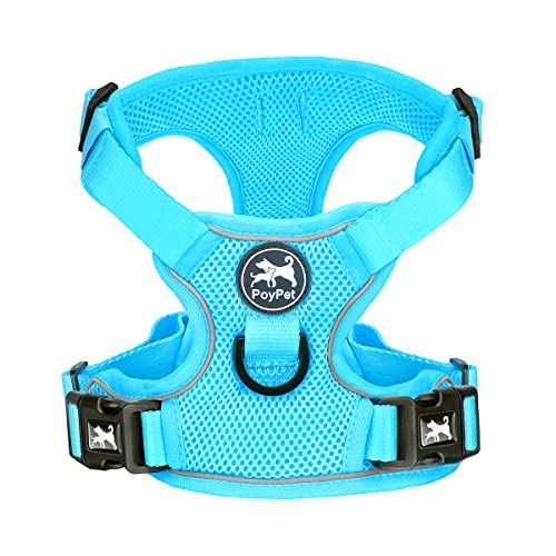 PoyPet Reflective Soft Breathable Mesh Dog Harness No Choke Double Padded Vest Adjustable(Light Blue,M)