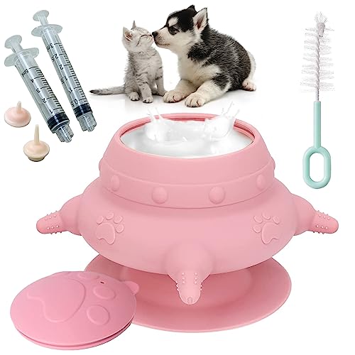 Puppy Feeder for Multiple Puppies, 240ml Silicone Puppy Milk Feeder Bowl with 4 Teats, Puppy Bottles Feeding Station for Nursing Kittens, Puppies, Rabbits(1 Puppy Feeder+2 Nipples+2 Syringes+1 Brush)