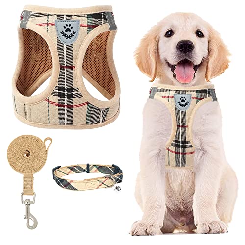 PUPTECK Adjustable Dog Harness Collar and Leash Set Step in No Pull Pet Harness for Small Medium Dogs Puppy and Cats Outdoor Walking Running, Soft Mesh Padded Reflective Vest Harnesses, Beige XS