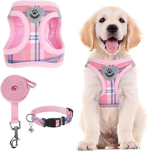 PUPTECK Adjustable Dog Harness Collar and Leash Set Step in No Pull Pet Harness for Small Medium Dogs Puppy and Cats Outdoor Walking Running, Soft Mesh Padded Reflective Vest Harnesses, Pink M