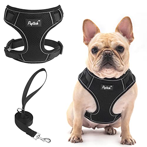 PUPTECK Dog Harness and Leash Set for Small Medium Dogs No Pull, Soft Mesh Adjustable Puppy Cat Harness Reflective at Night, Black XS