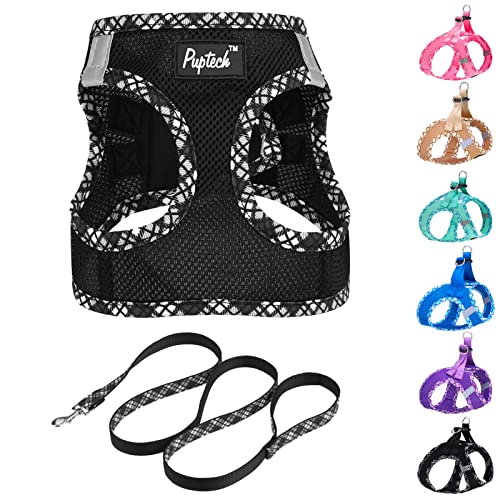 PUPTECK Dog Harness and Leash Set for Small Medium Dogs No Pull Step-in Soft Mesh Puppy Cat Vest Harnesses Reflective at Night, Black XS